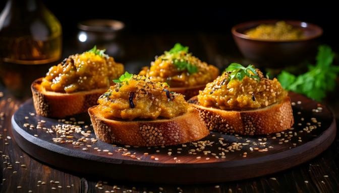 Le délicieux caviar d'aubergine de rue Traversette surmonté de nos délicieuses graines de sésame au yuzu et au wasabi